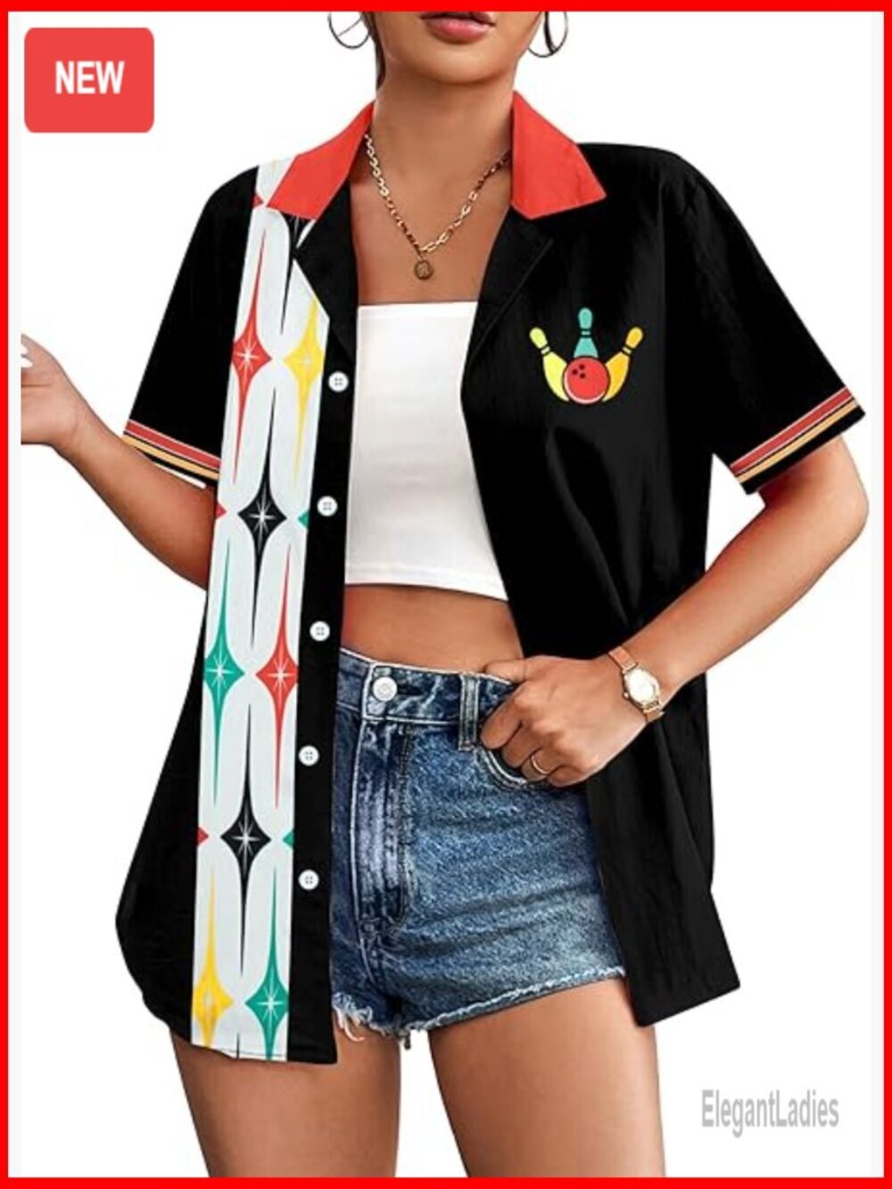 Hawaiian Bowling Shirt Women Button Down Short Sleeve Retro Tee